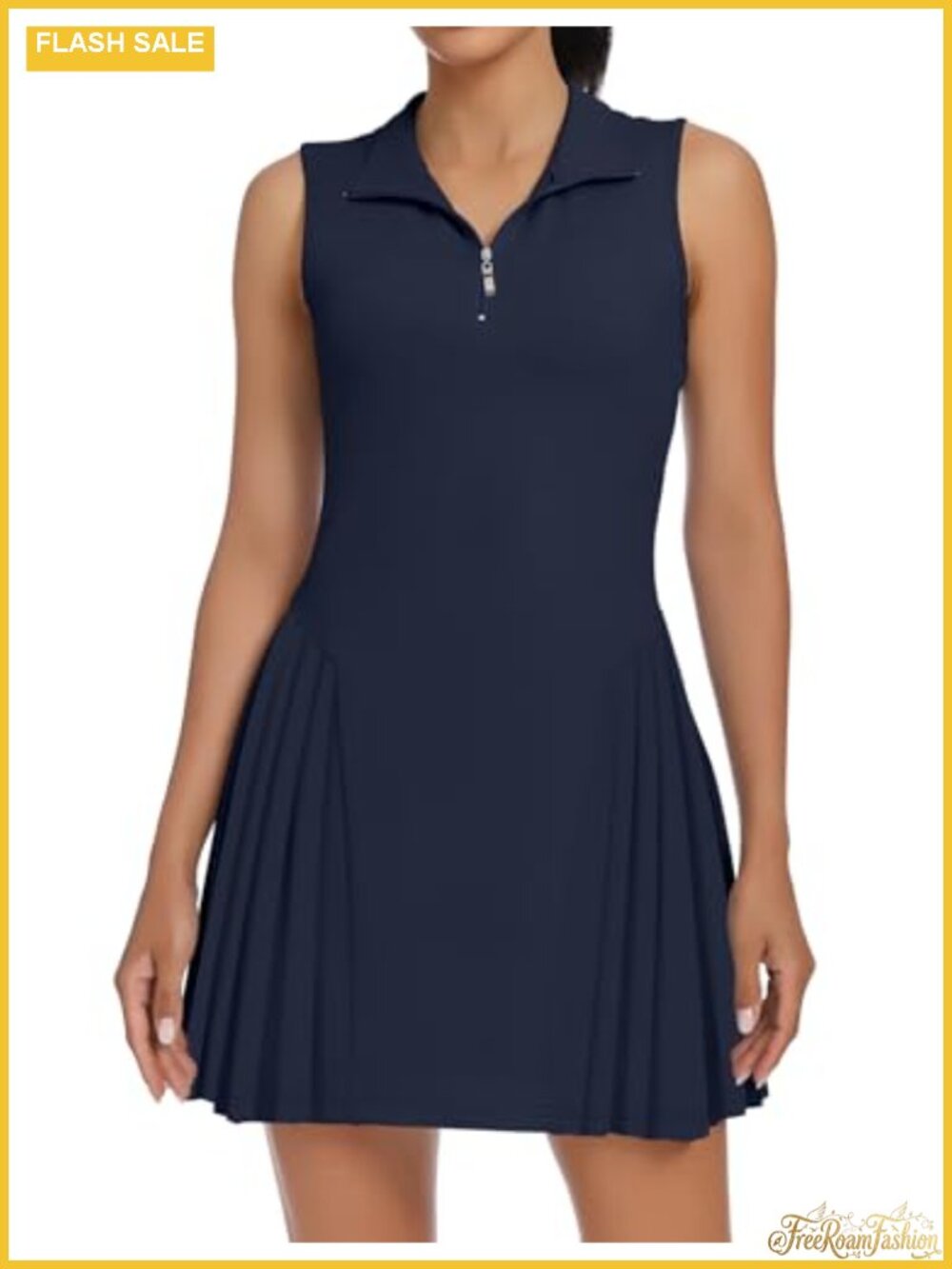 Women's Sleeveless Pleated Tennis Dress with Shorts 1/4 Zip Polo Collar